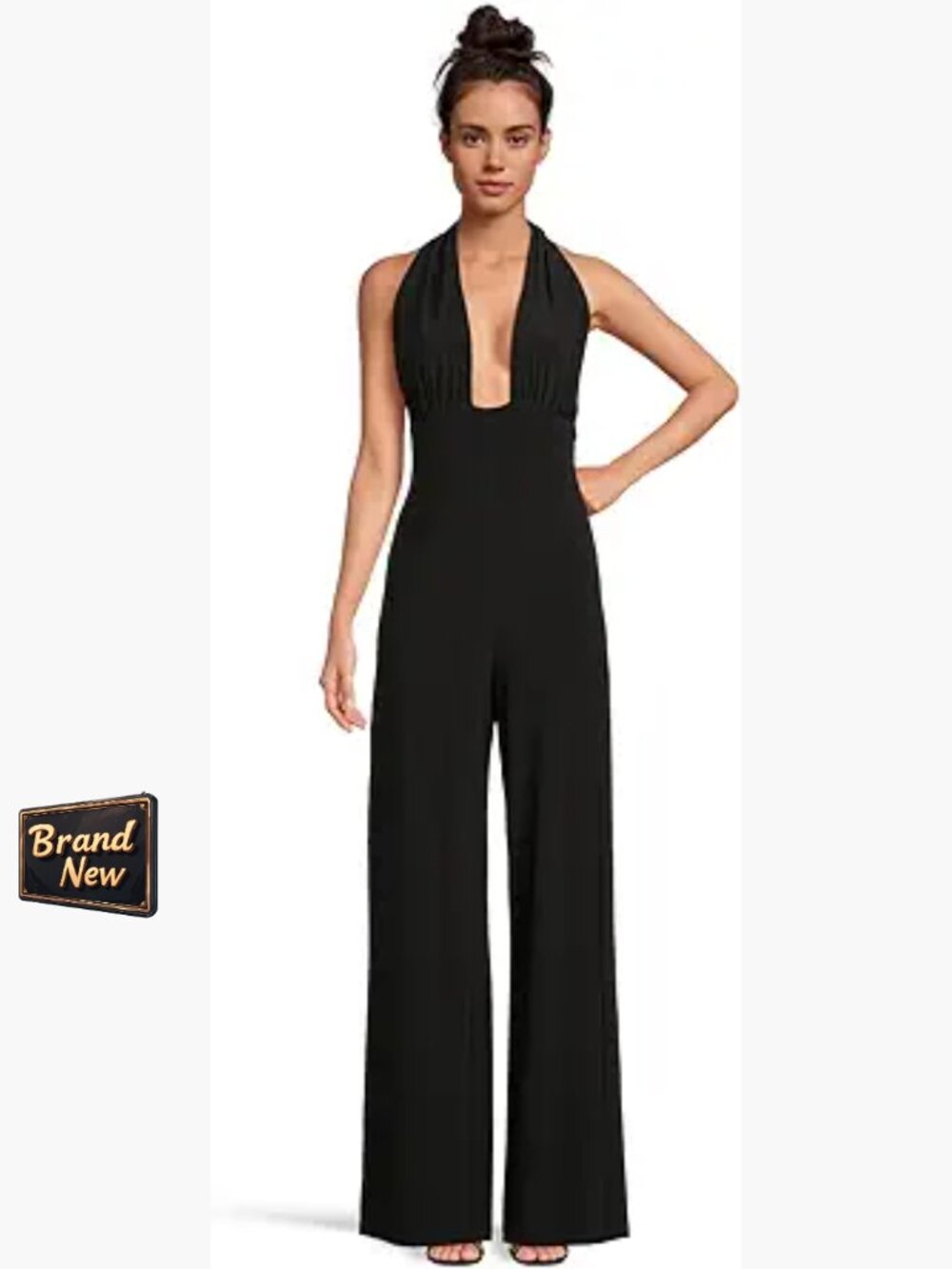 Large Polyester Cross Halter Jumpsuit Sleeveless Open Back Straight Leg